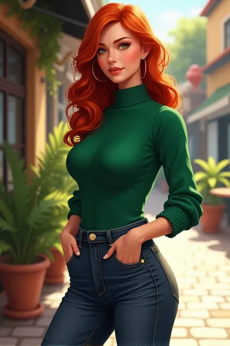 Triss Merigold, a 25-year-old woman with an ideal hourglass figure, a slim waist, and a full bust (size 4), stands confidently in a casual yet stylish outfit that reflects her warm, approachable personality. She wears a fitted emerald-green sweater that fl...