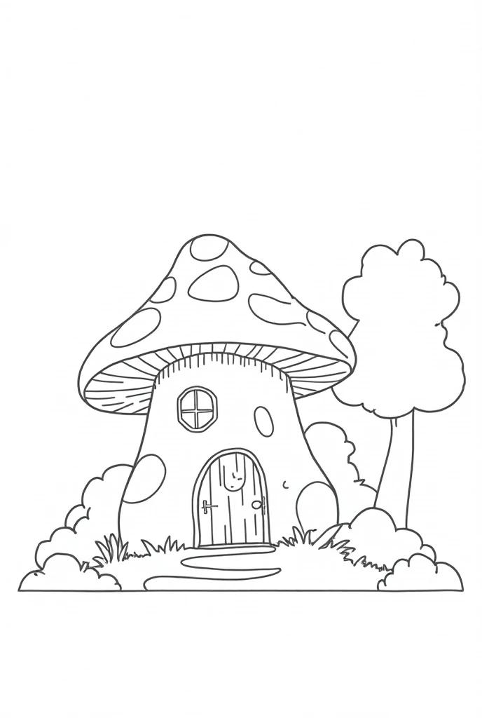 Black and white Coloring page of mushroom house with small door and round windows. Lineart, crisp bold lines. White background. In a dense forest