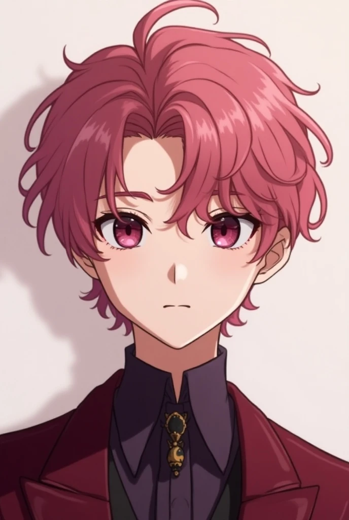 anime art: create a ID photo of a teenager boy close-up with his hair colored pink and curly. he has almond-sharp eyes but he is undeniably handsome. hes wearing a maroon tuxedo uniform, his eyes are dark red mixed with dark purple.