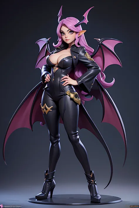 Q version of League of Legends Vi figure, full length photo of a Succubus in costume, large bat wings, cleavage, standing with one hand on hip and legs spread apart,