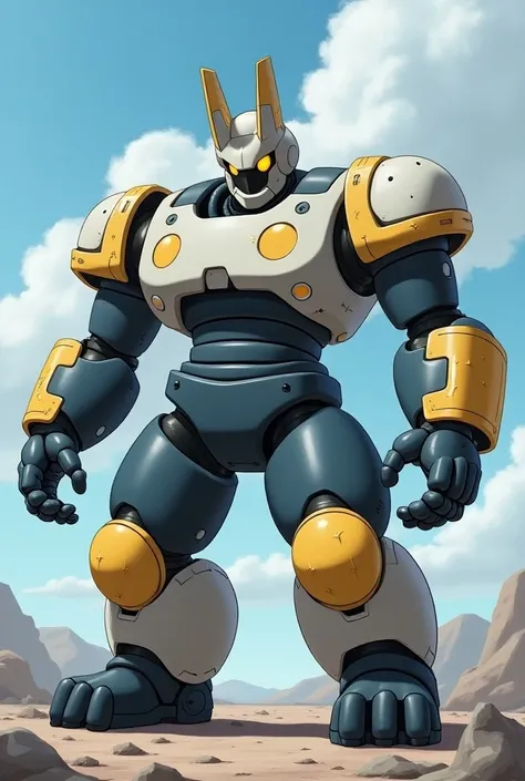  iron hand is a big ,  chunky cyborg Pokémon ,  The front consists of four large .  The head is light gray with cylindrical ears ,  that connect it .  black feet are in the shape of shoes .  There is also a gray belt with three yellow .  The back of the ha...