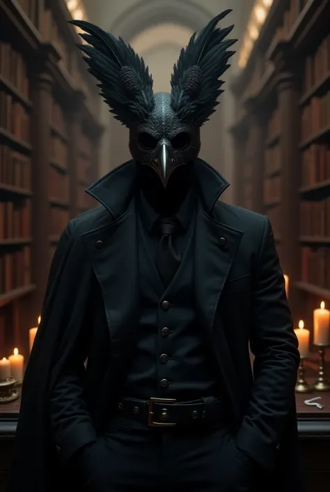  A man wearing a BDSM mask inspired by a raven in a dark Gothic library full of old books and candles.  The mask has feather-like textures and an elegant, dark design .  The environment is mysterious and intellectual ,  with a classic air , almost ceremoni...