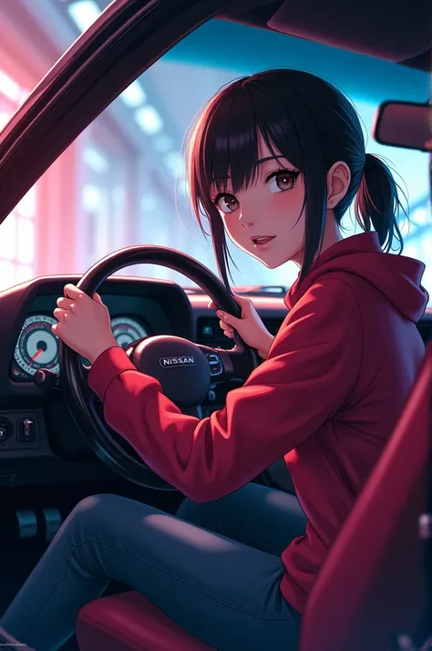 girl holding the steering wheel in a Nissan Skyline