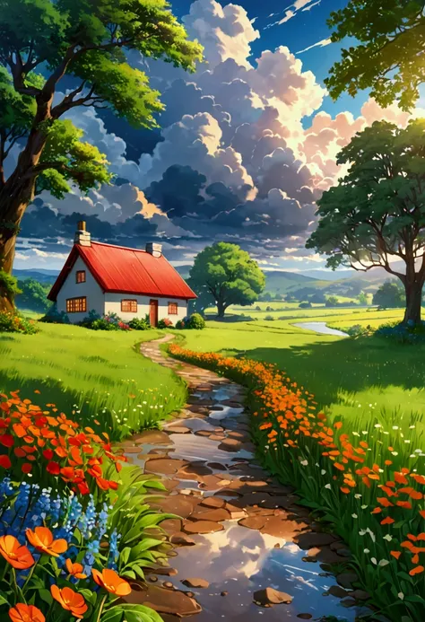 "Create a landscape of a serene countryside scene during a gentle summer rain. A cozy cottage with a red roof is nestled near a large, lush green tree. The sky is filled with dramatic, billowing clouds in vibrant shades of orange and yellow, illuminated by...