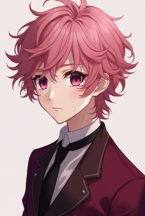 anime art: create a ID photo of a teenager boy close-up with his hair colored pink and curly. he has almond-sharp eyes but he is undeniably handsome. hes wearing a maroon tuxedo uniform, his eyes are dark red mixed with dark purple.