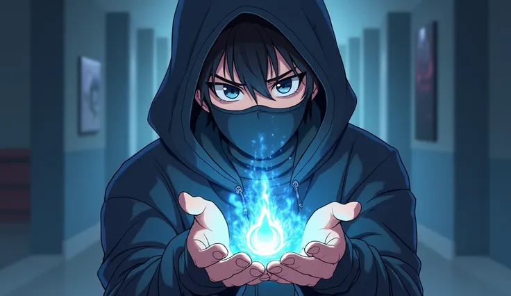  Create an anime-style design of a 19-year-old boy wearing a hoodie and levitating in his hands for TikTok, youtube,  banner and capcut 

With a mysterious look , But of course,  he wears a hoodie and a mask covering his mouth .

That serves as a .