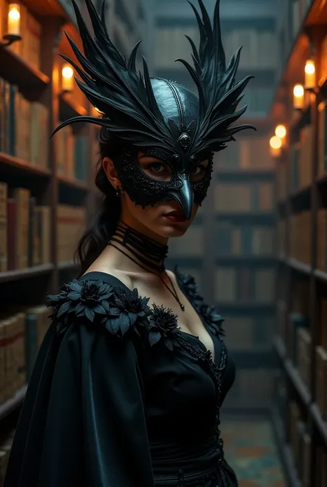 A woman wearing a BDSM mask inspired by a crow in a dark Gothic library full of old books and candles.  The mask has feather-like textures and an elegant, dark design .  The environment is mysterious and intellectual ,  with a classic air , almost ceremoni...