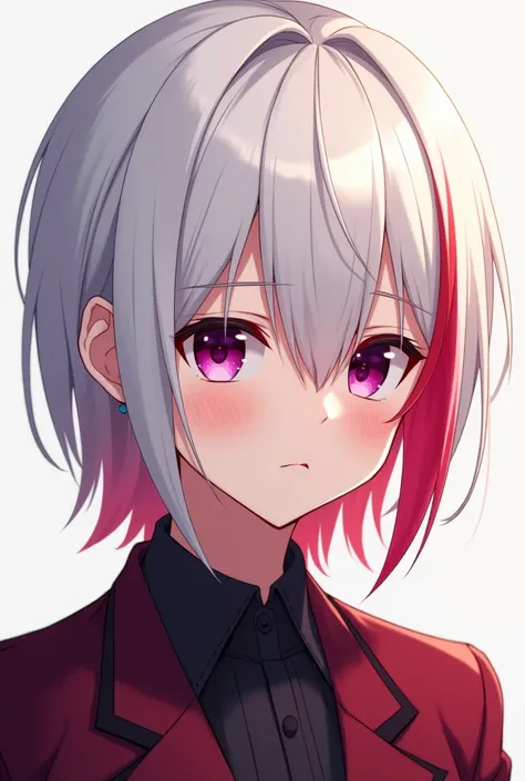 anime art: create a ID photo of a teenager boy close-up with his hair colored white with red gradient and straight hair, he has almond-sharp eyes but he is undeniably handsome. hes wearing a maroon tuxedo uniform, his eyes are dark red mixed with dark purp...