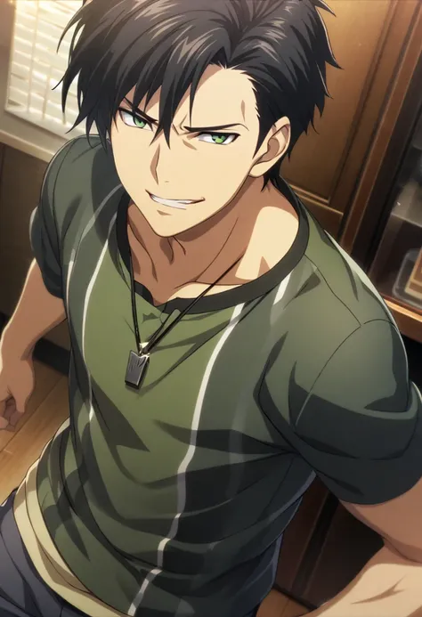 1boy, male, short hair, green eyes, casual clothes, arrogant smile, CG