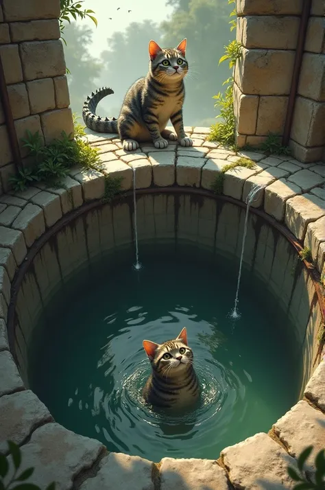 A cat went into a well. The well was empty and there was no water. There was a crocodile nearby. He looked at the well and another share was passing by. The crocodile tried to bring the cat up