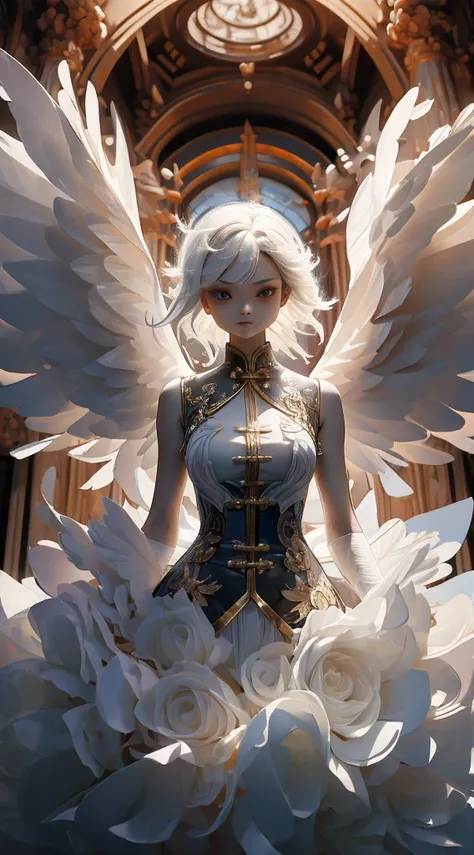 Angel Demon，Devil Wings，Angel Wings，Six Wings ，Multiple pairs of wings，同时有Angel Wings和Devil Wings，girl，Short black and white hair，Black and white pick dyeing， short black and white mixed hair ，Golden cheongsam，Dark red cheongsam ，Golden pattern，arrogant，Ar...