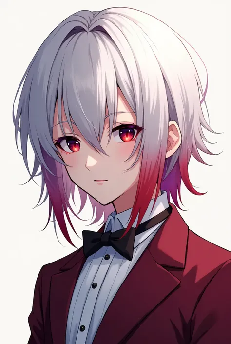 anime art: create a ID photo of a teenager boy close-up with his hair colored white with red gradient and straight hair, he has almond-sharp eyes but he is undeniably handsome. hes wearing a maroon tuxedo uniform, his eyes are dark red mixed with dark purp...