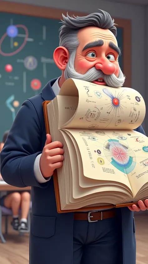 Male physics teacher, 30 year old holds a very, very large book, much larger than themselves, with pages showing the quantum physics elements — atoms, wave functions, photons. Teacher explains something to students, that stand next to each other, watches b...