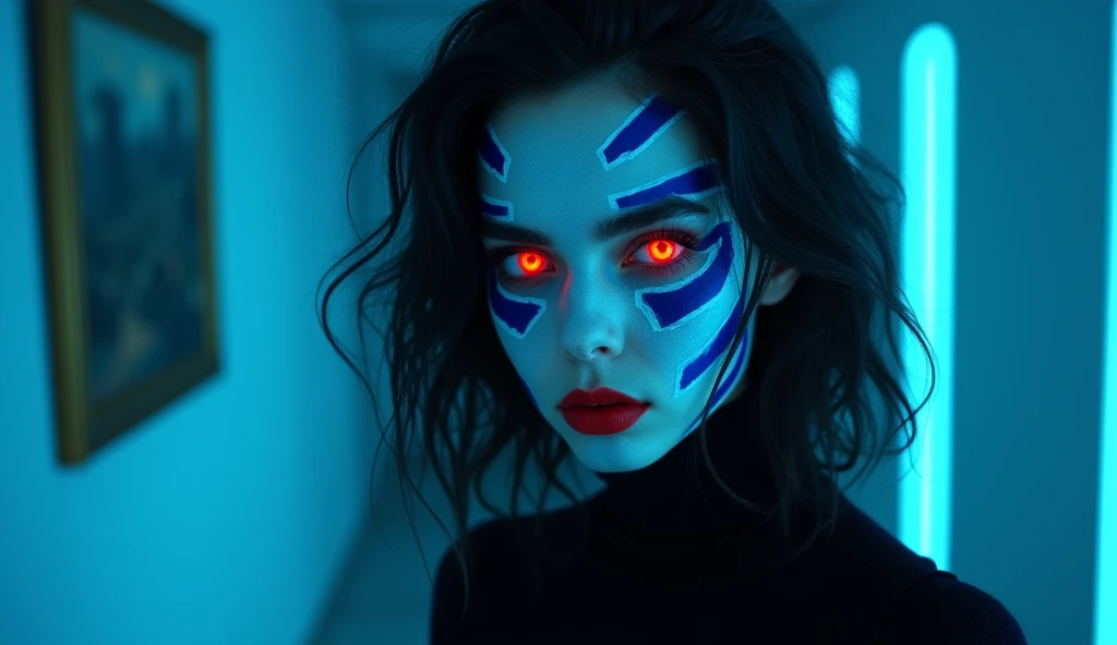 The image is a close-up portrait of a young woman with dark hair and red lipstick. She is standing in a dimly lit room with a blue light shining on her face and upper body. Her face is painted with a futuristic design, with white and blue colors that creat...