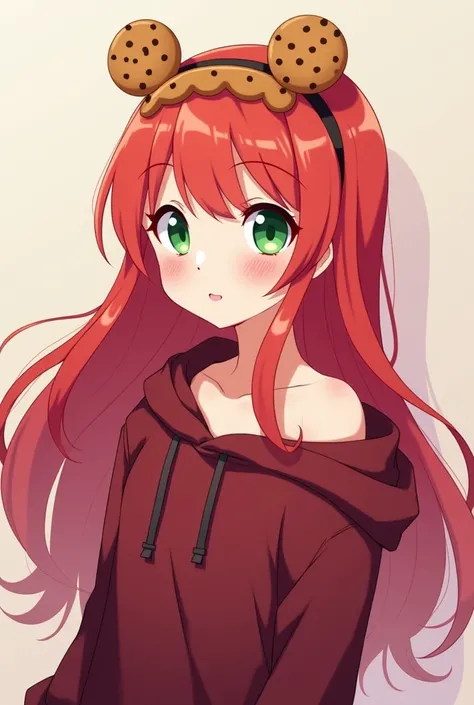  A girl with long red hair and green eyes, she is wearing a cookie headband , dressed in a burgundy off-the-shoulder hoodie. In anime style 