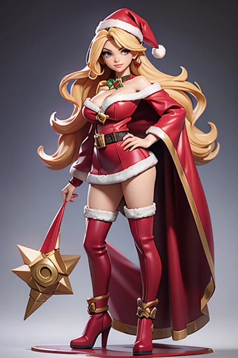 Q version of League of Legends Vi figure, full body photo, wearing sexy Santa Claus costume, off the shoulder, cleavage, standing with one hand on the hip and legs open,