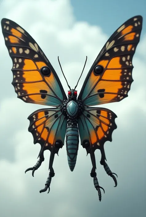  iron butterfly looks very much like Ramoth and resembles a robotic moth .  It has four small feet , red compound eyes ,  red horns on the sides of its head and white armor ,  that cover its chest .  His abdomen is black and light blue with two black diamo...