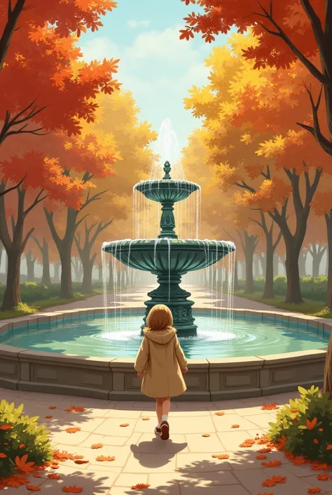 a young girl with fair hair in a beige coat walks in a sunny autumn park around a fountain