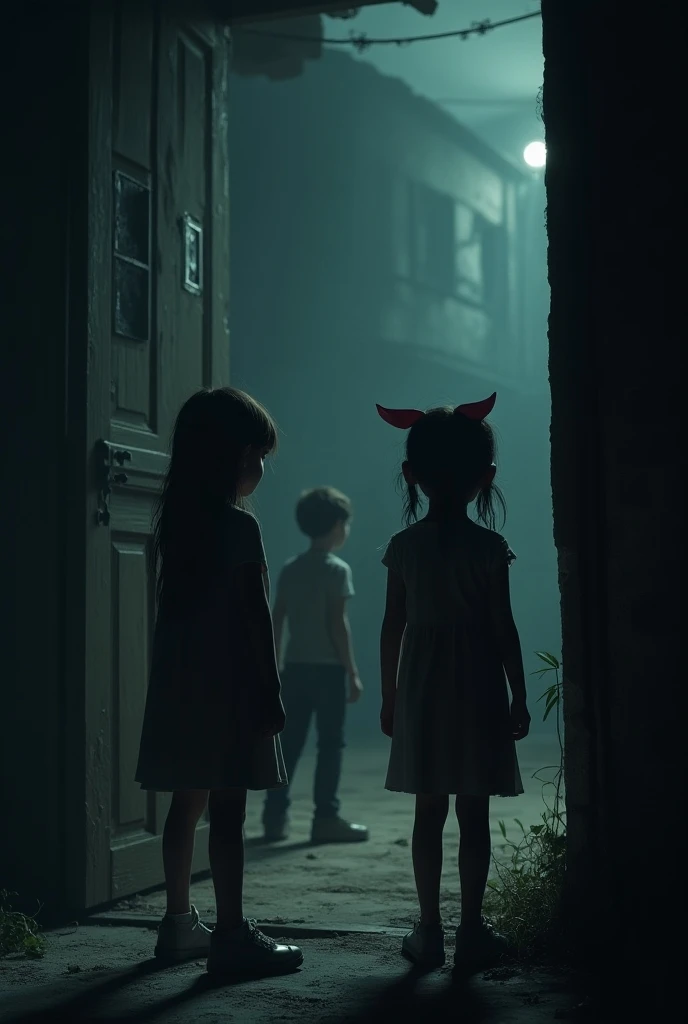 two surprised girls and a boy with attentive ears, have their backs turned looking inside a dark horror house 