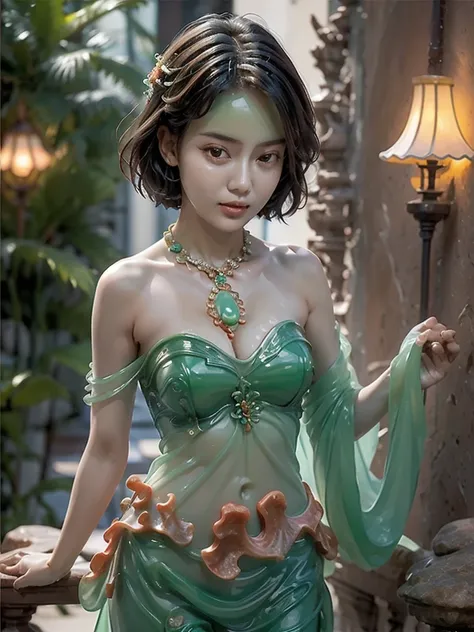 masterpiece,best quality, jade, jade sculpture, 1 girl , strapless dress,  bare shoulders, short hair,  sea wave, ((coral)) , fl...