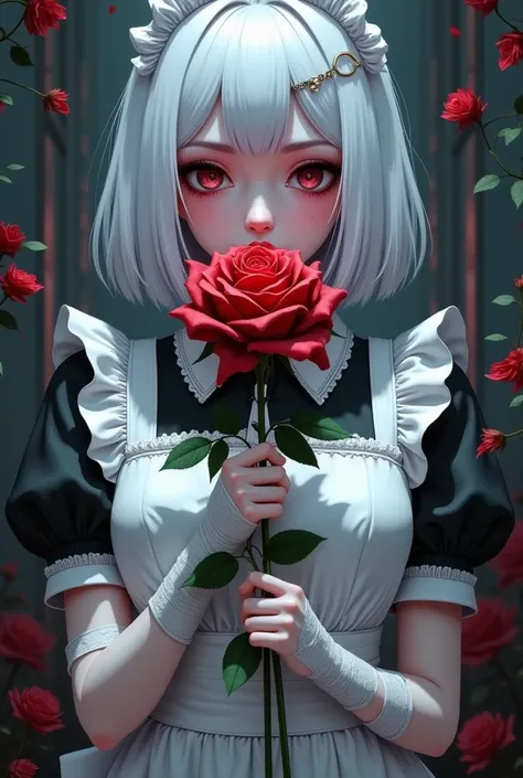   2D Anime Illustration ：  cyberpunk，Anime Girl， gothic art  ，White Maid ，White short hair，Straight bangs， Wrist Bandage Wrapped ， Red Rose Covering One Eye