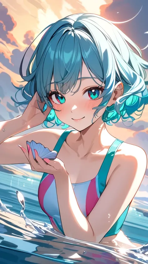 1 girl, ( cute face),  Short Hair,  wavy hair in front of the station,  fantasy anime swimsuit,  medium chest, Graceful pose, 穏やかな表情  
break, In shallow water , ( bright colors:1.4), Light Tone,  Fun Vibes ,  
break, Sky reflected in water,  picking up sea...