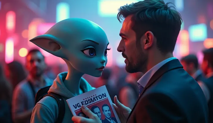 a beautiful pale-blue alien girl, detailed face and eyes, long eyelashes, a man, they are holding a campaign flyer with politician images, close to each other, man explaining election process, dynamic election rally scene, cinematic lighting, dramatic came...