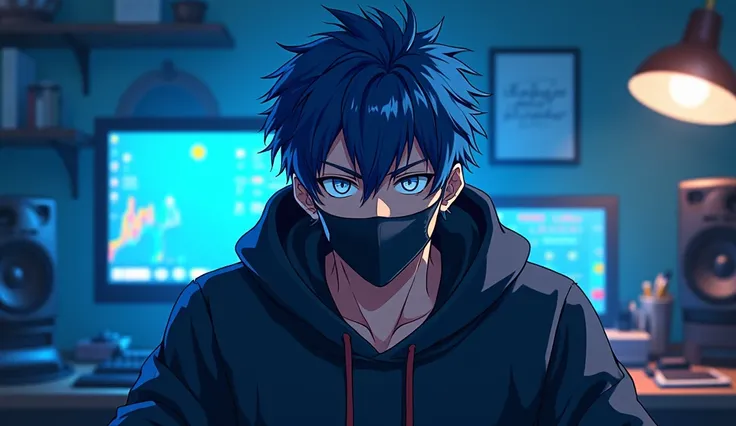 Creates an anime-style image ,  of a handsome young man with a serious look .  He is at a table in his home studio looking at the camera and he is wearing a mask covering his mouth.  He is close to a PC and some work materials .

 With color palette : Neo ...