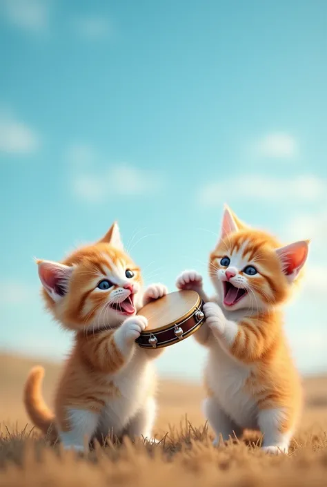 Realistic kittens are hitting the tambourine with their mouths wide open in the blue sky