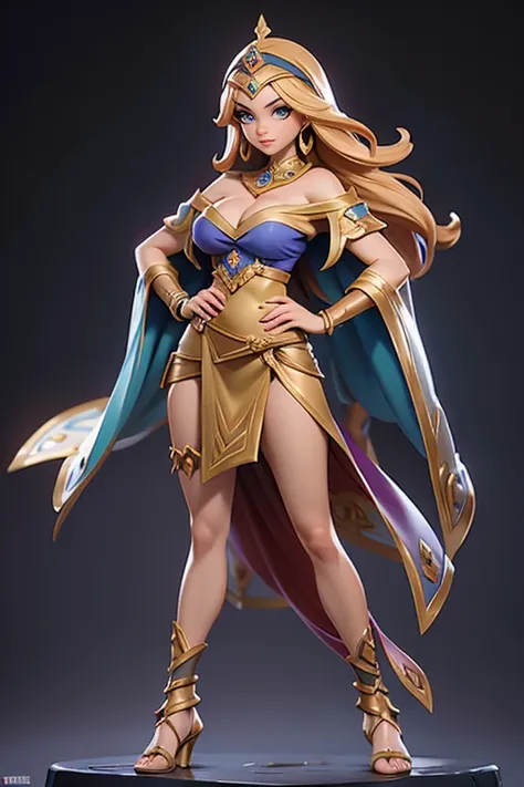 Q version of League of Legends Vi figure, full body photo, full body shot, wearing Arabian Nights costume, off the shoulder, cleavage, standing with one hand on hip and legs open,