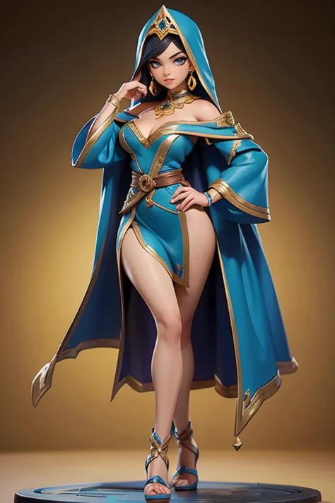 Q version of League of Legends Vi figure, full body photo, full body shot, wearing Arabian Nights costume, off the shoulder, cleavage, standing with one hand on hip and legs open,