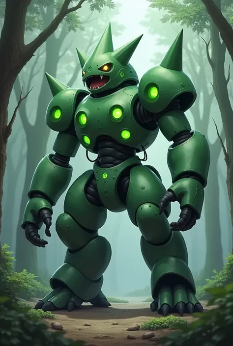  iron mandrel is also a large ,  two-legged Pokémon ,  the visually strongly resembles despotar ,  but looks mechanical and futuristic .  The metallic The majority of his body is predominantly green ,  while the four black ,  rounded chest impressions ligh...