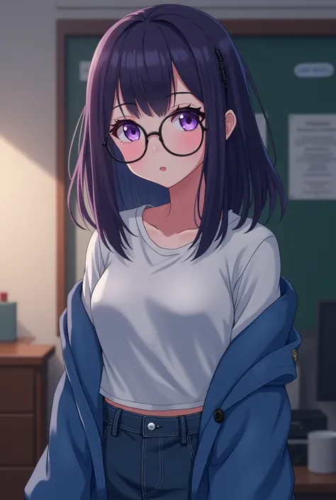  medium hair ,Dark purple hair,Round Glasses,Purple Eyes,Pure white skin,10代くらいのCrossdresser,Beautiful Boy,female々Young boy,Baby Face,Cute boy,female性的な男子,Neutral,Crossdresser, white long-sleeved t-shirt , wearing a blue cardigan over a t-shirt,Mouse-color...