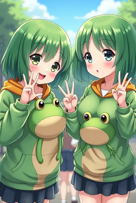  Anime Style Green Haired Bob 　Girls Like Frogs 　High school students wearing frog hoodies　Beauty　 Says Nyan Nyan with Moe Sleeves