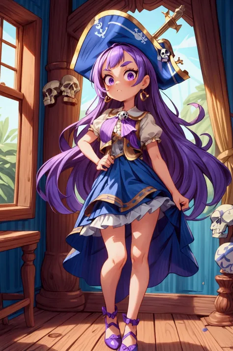 ( masterpiece ,  The best quality) Standing, interior,  intricate details , Sunlight,  dress with sky blue and white striped ruffles short collar,  pirate vest , pirate style, skull emblem ,  cute pirate hat, gold earrings, shoes blue , violet hair,  purpl...