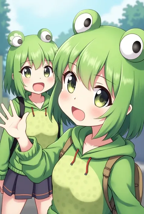  Anime Style Green Haired Bob 　Girls Like Frogs 　High school students wearing frog hoodies　Beauty　One girl saying nyan nyan in moesode,  high definition, 