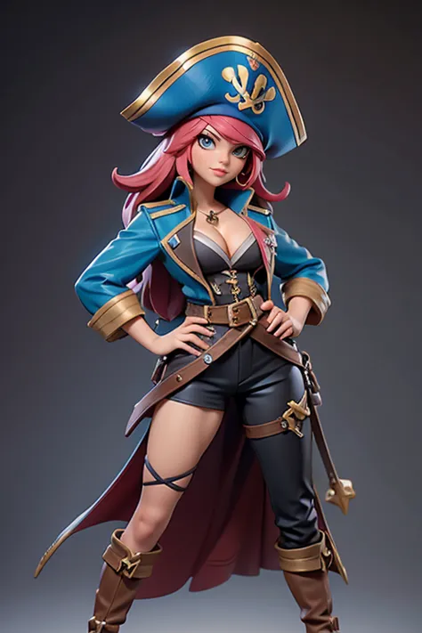 Q version of League of Legends Vi figure, full-length photograph of a pirate captain in costume, eye patch, cleavage, standing with one hand on hip and legs spread apart,