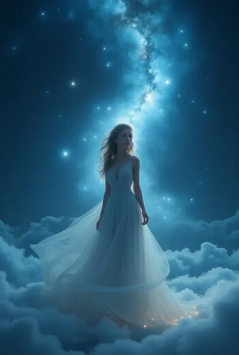 Dreamlike, hyper-realistic depiction of a young woman standing under a star-filled sky, her dress blending with the night, as if she’s becoming part of the cosmos. Stars and galaxies appear to swirl around her, gently pulling her into space. Soft, ethereal...