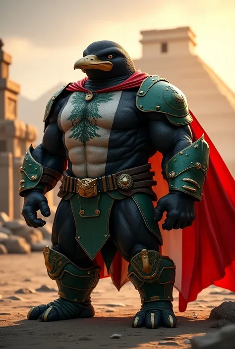 "A muscular warrior penguin in futuristic, bodybuilder-style armor, standing confidently with a powerful stance. A large Mexico flag is prominently displayed on the side of the image. In the background, include iconic cultural and city scenes from Mexico, ...