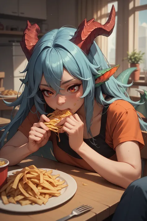 A dragon girl eating French fries with her friends