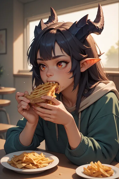 A dragon girl eating French fries with her friends