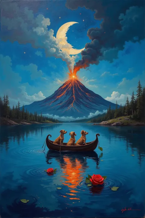 volcano erupts 、  look up    , shades of blue,     puppies riding a crescent shaped boat on the lake 、  large crescent moon in t...