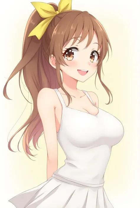 
1 girl, tia, brown hair tied, yellow ribbon tying hair, white shirt sleeveless, white skirt, Well good,clear、Long Hair,   big breasts at the temple, Grin,  anime style, High resolution,  simple background , Long Hair, 