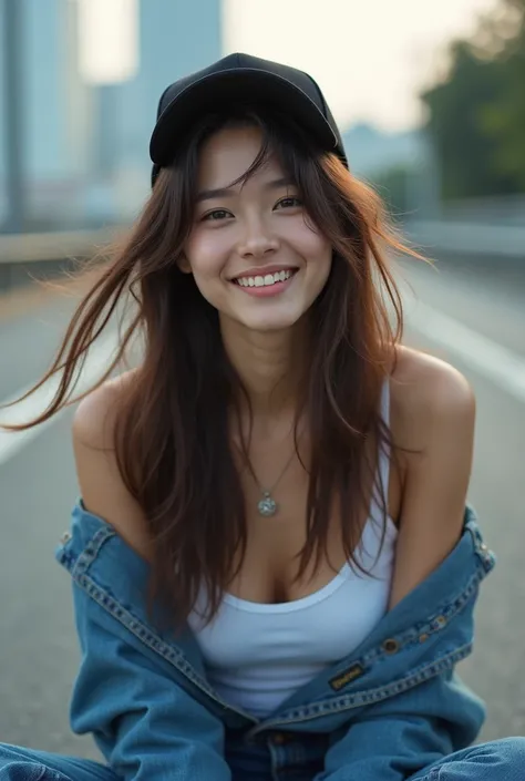 From below,  Japanese women, Face Zoom,   cute face ,  long brown haired 、 Unkempt Hair ,  background blur, The background is Road to the Future ,  motion blur in vagina, chromatic aberration, Knee-length,  Upward Glance  ,  motion blur in vagina, photogra...