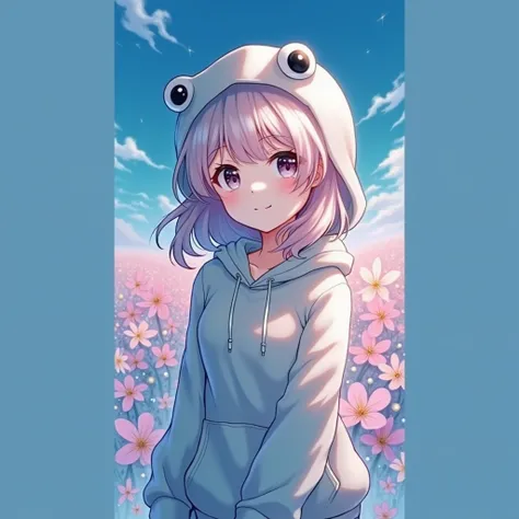 Best Quality, masterpiece,   ultra high resolution ( photorealistic : 1.4),  RAW Photos,  1 girl,  frog hoodie bear shoulder, Pink flower field in full bloom,   glowing skin  ,  A faint smile 
green hair 