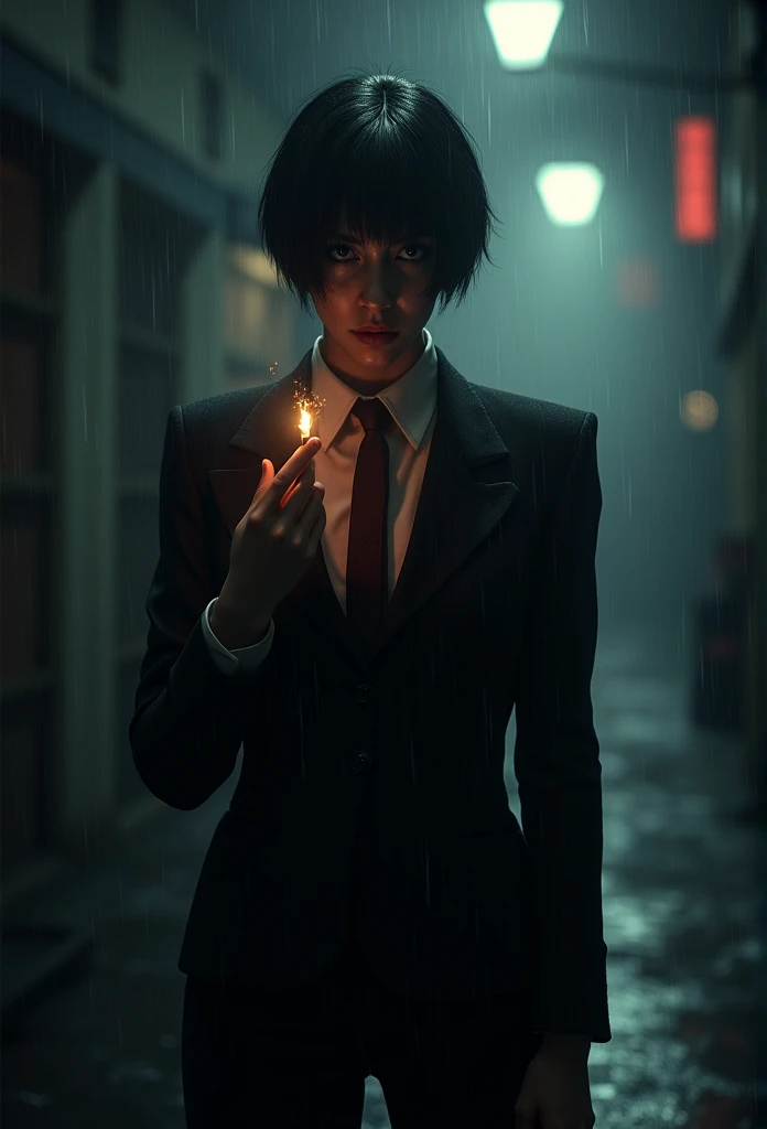 sad mysterious mafia woman in a suit with tie shrouded in darkness, with her face cover by shadows, very short hair smoking in the rain.
