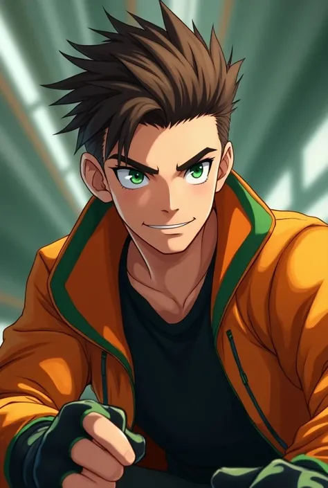 Young man, 20 years old, short brown hair, green eyes, pumped expression, orange jacket with green edges, black shirt, black and green gloves. High res, ultra sharp, 8k, masterpiece, anime