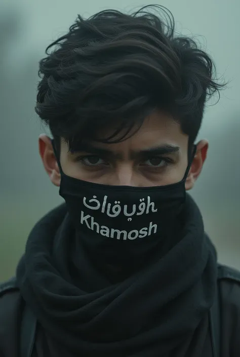 Sad boy with mask and khamosh in urdu print on mask


