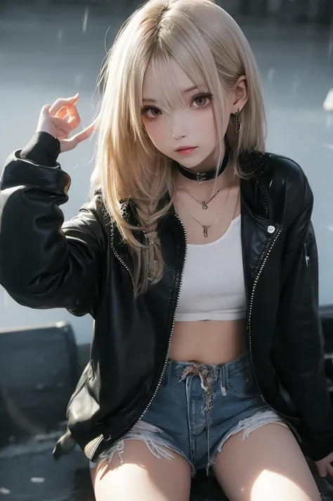 ((Best quality)), ((masterpiece)), (detailed), Perfect face, Alone, 1 girl, Shota, anime, beautiful detailed eyes, Night City, black jacket, black shorts, long HAIR, BLACK long HAIR, just play, Thigh Strap, rain, Choker, bare thighs, Expressionless, red ey...