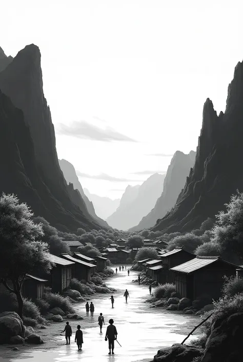 Like manga , black and white 
Wide shot of the peaceful town nestled at the foot of rocky mountains. The sun is setting, casting long shadows, with villagers seen engaging in daily activities.